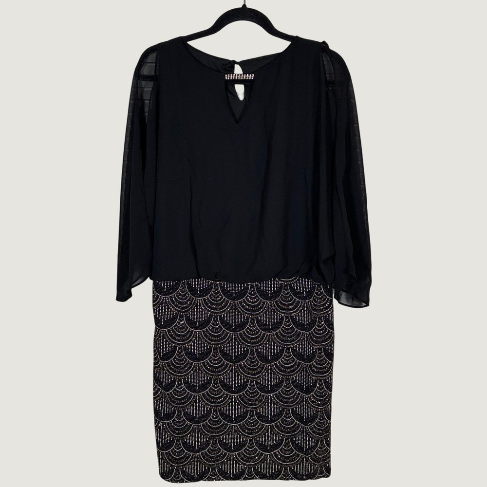 Scarlett Black Gold Art Deco Scallop Blouson Dress Rhinestone Chiffon Midi 8